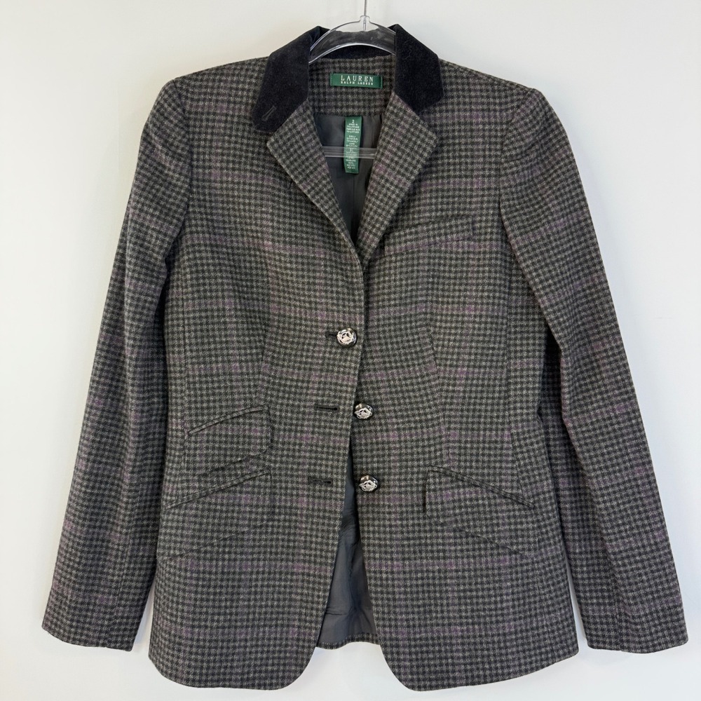 Lauren Ralph Lauren Blazer Womens 2 Grey Houndstooth Wool Blend Equestrian - Picture 1 of 12